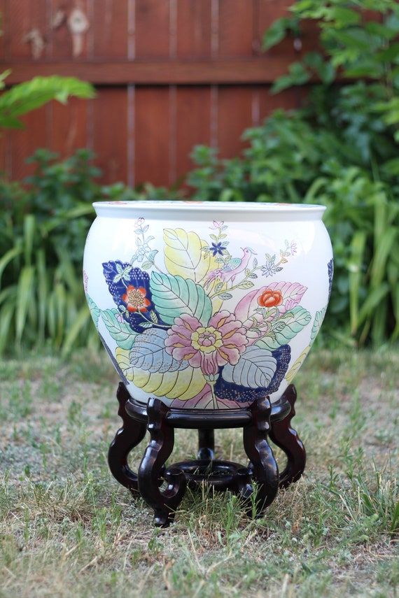 Tobacco Leaf Ceramic Fish Bowl Planter and Stand / Chinese Etsy