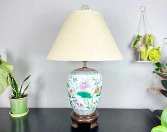 Vintage Asian Lotus Table Lamp / Hand Painted Chinese Porcelain Lamp / Ginger Jar Table Lamp / Lighting / Vintage Home Decoration