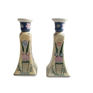 A Pair of Vintage Ceramic WBI Chinese Porcelain Candlestick Holders  / Floral Candle holders / Vintage Home Decoration