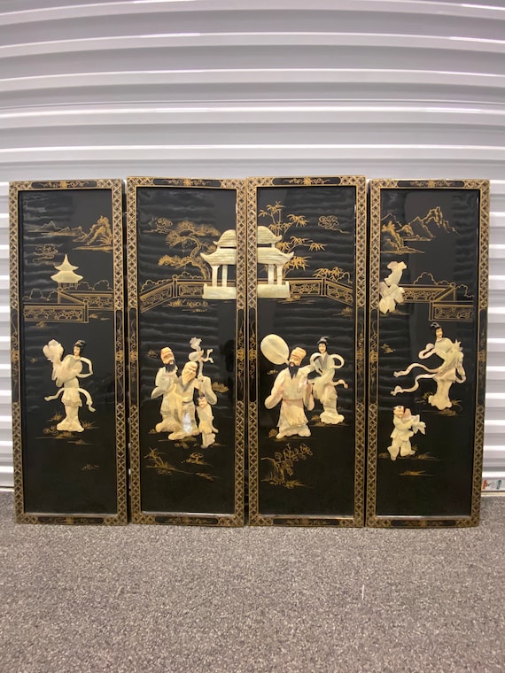 Set of 4 Oriental Black Lacquer Wall Panels Mother of Pearl