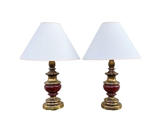 A Pair Of Vintage Brass Burgundy Table Lamps / Lighting / Vintage Home Decoration
