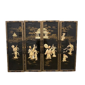 Set Of 4 Oriental Black Lacquer Wall Panels Mother Of Pearl / Chinese People Art Lot /Wall Art Decoration / Vintage Home Decoration