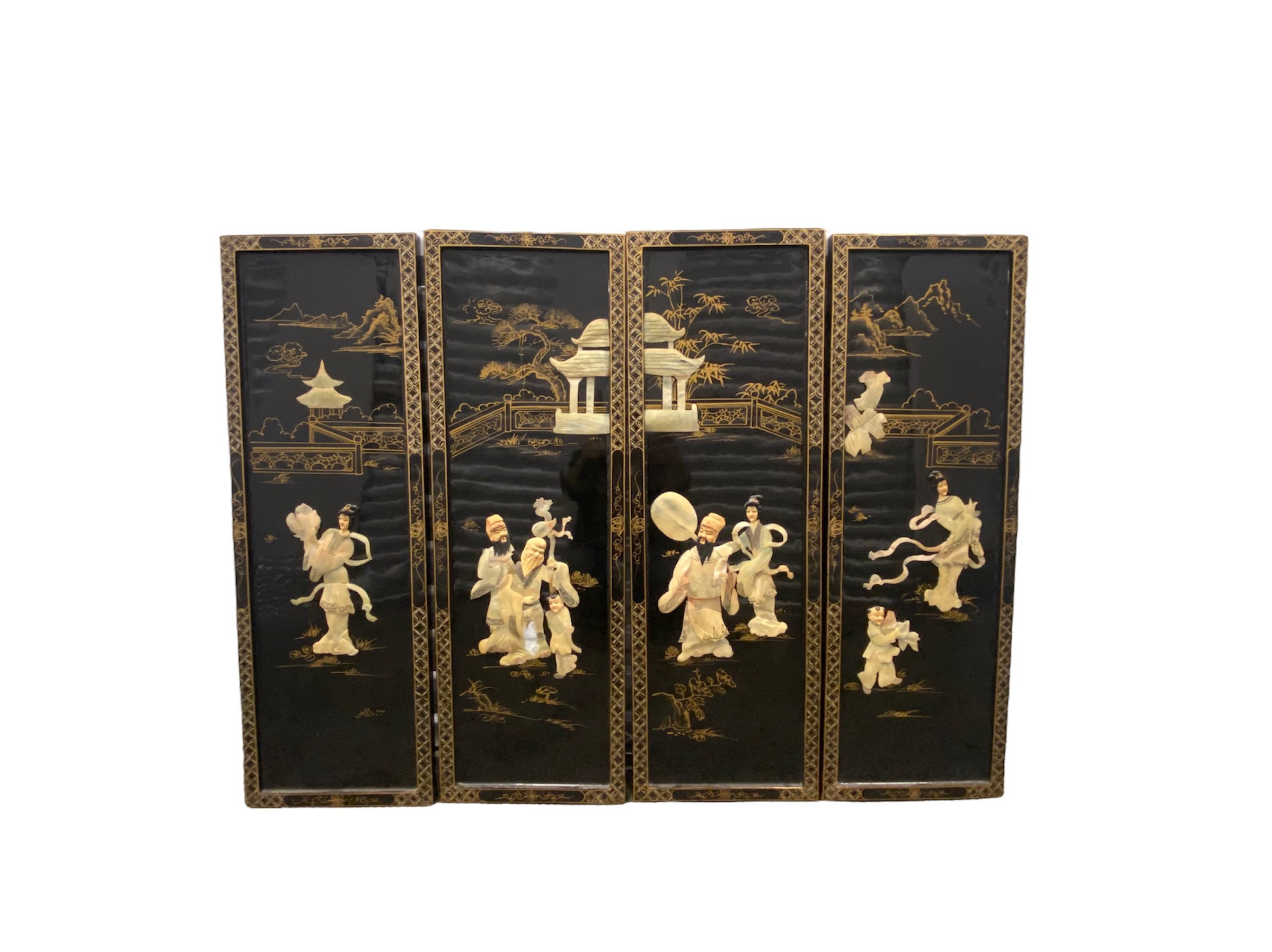 Set of 4 Oriental Black Lacquer Wall Panels Mother of Pearl