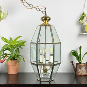Große Vintage Messing und Glas Laterne Kronleuchter / Laterne Deckenleuchte / Beveled Glas Pendelleuchte Vintage / Innendekoration
