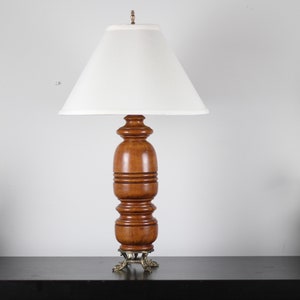 Mid-Century Wood Table Lamp / Wooden With Fish Brass Base / Light / Vintage Home Decoration