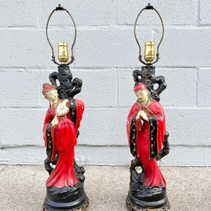 Pair of Chalkware Asian Figurine Lamps / Vintage Home Decoration