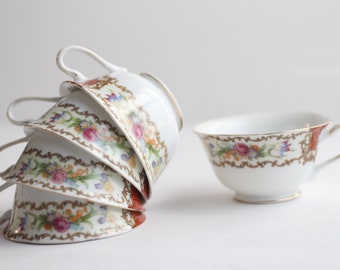 Vintage Japanese Floral Tea Cup Set |/ Collectible Porcelain, Set of 5 / Kitchen Decor
