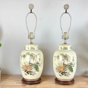 A Pair Of Vintage Chinoiserie-Style Porcelain Lamps / Ginger Jar Peacock Floral Motif lamps / Vintage Home Decoration