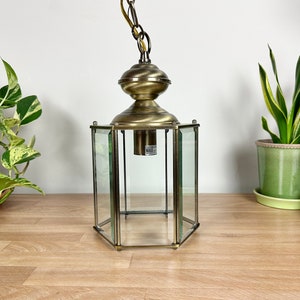 Vintage Brass Lantern Ceiling Light/ Hanging Lantern Chandelier Brass and Glass / Vintage Home Decoration