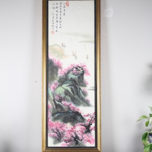 Japanese Watercolor Painting Gold Frame / Asian Landscape Wall Art Decor / Vintage Home Decoration