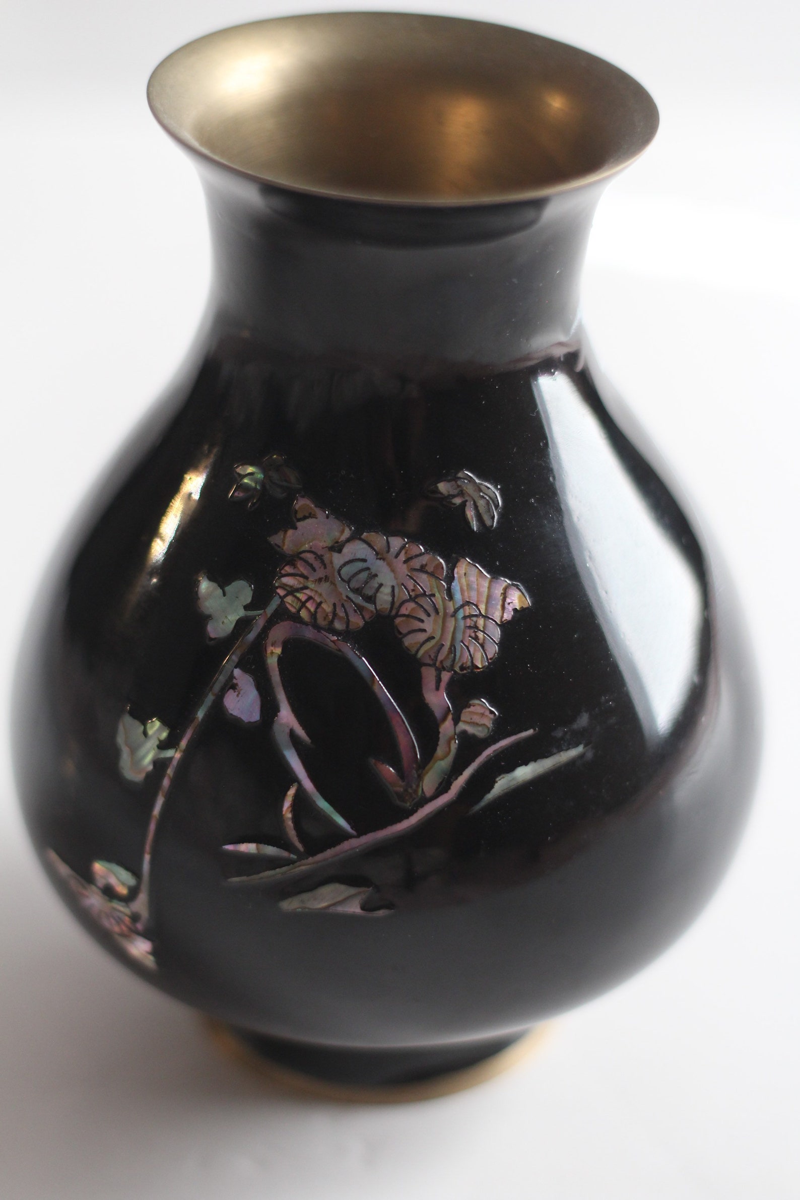 Black Enameled Brass Vase / Mother Of Pearl Floral Vase / Etsy