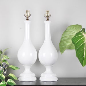 Vintage Mid Century Pair of Large White Glazed Ceramic Table Lamps / Lighting / Vintage Home Decoration
