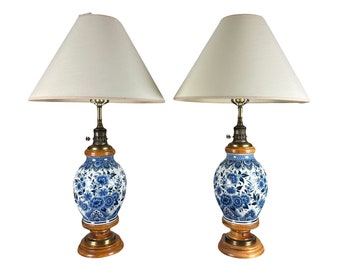 A Pair Of Porcelain White and Blue Table Lamps / Delft Holland Blue Floral Lamps / Lighting / Vintage Home Decoration