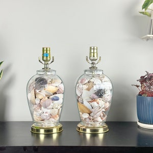 A pair Of Vintage Glass Seashells Ginger Jar Lamps / Glass Lamp With Natural Seashells Table Lamps / Vintage Home Decoration