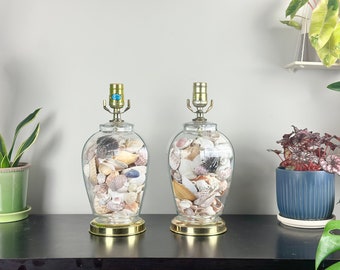 A pair Of Vintage Glass Seashells Ginger Jar Lamps / Glass Lamp With Natural Seashells Table Lamps / Vintage Home Decoration