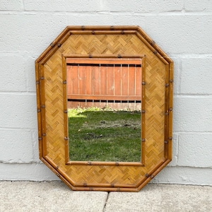 Large Vintage Rattan Faux Bamboo Mirror / Faux Bamboo and Woven Wall Mirror / Vintage Home Decoration