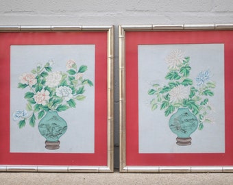 Original Watercolor Chinese Floral With Faux Silver Bamboo Frame / Vintage Home Decoration / Wall Hanging Decoration