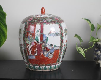 Vaso de gengibre vintage Macau Famille Rose, estilo Chinoiserie, pintado à mão / Decoração para casa