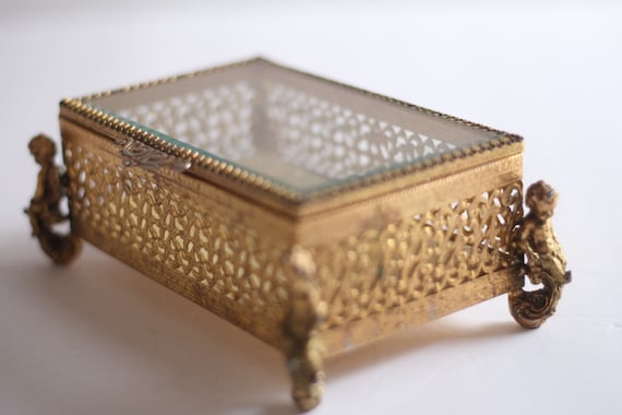 Vintage Gilt Ormolu Filigree Jewelry Box / Ormolu