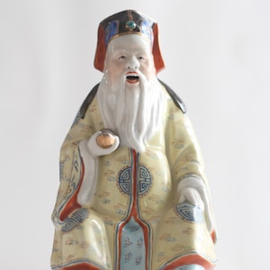 Vintage Chinese Famille Rose Statue / Chinese  Porcelain Old Man Siting and Holding Money Statue