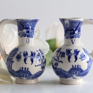 Beautiful Vintage Asian Pitcher / Asian White and Blue Pitcher / Japanese Pitcher Set Of 2