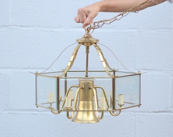Vintage Hanging Lantern Chandelier Brass and Glass / Hexagonal Lantern  / Chandelier Ceiling Lamp / Vintage Home Decoration