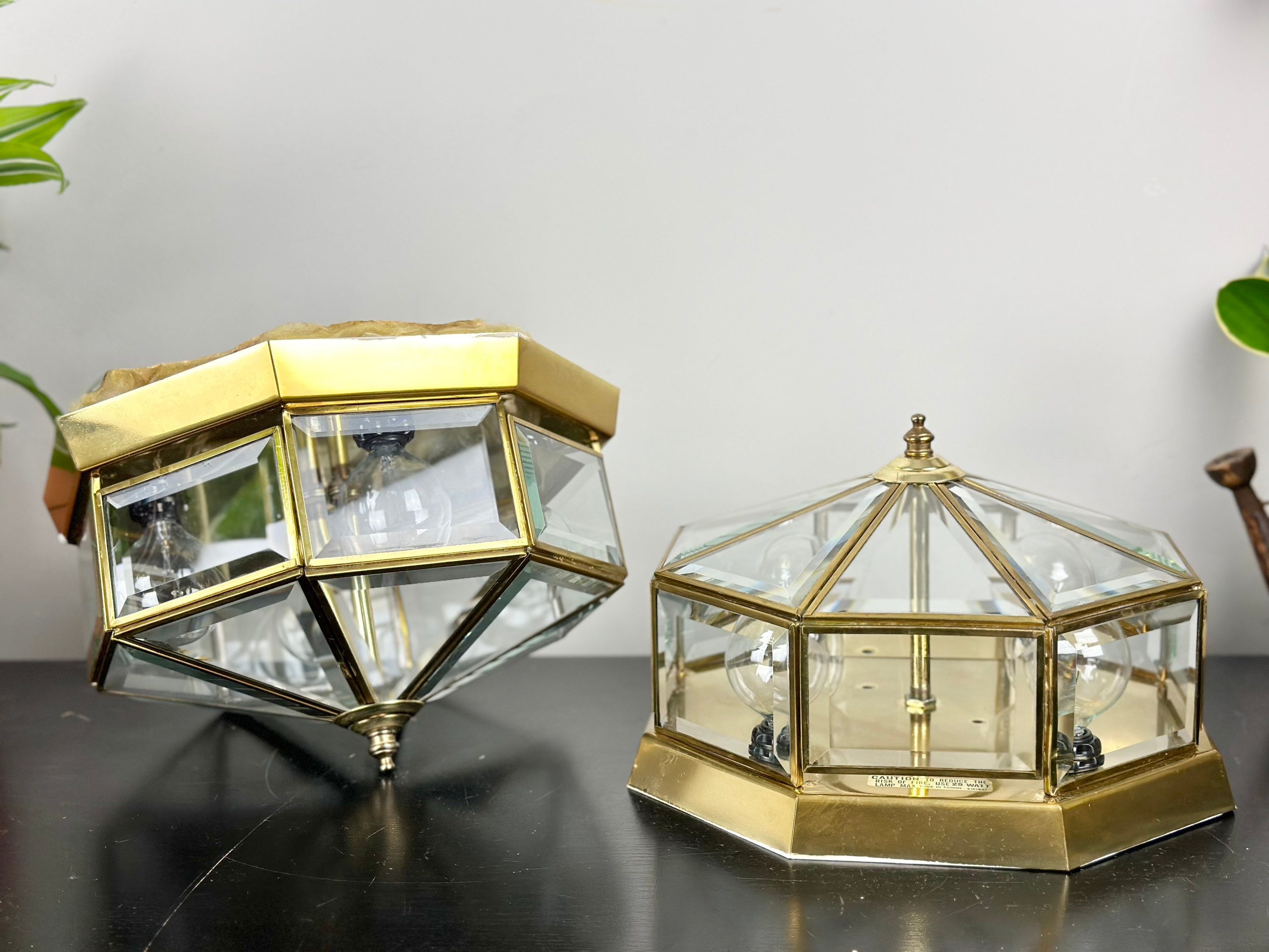 A Pair Vintage Brass and Glass Ceiling Lights Octagonal Flush