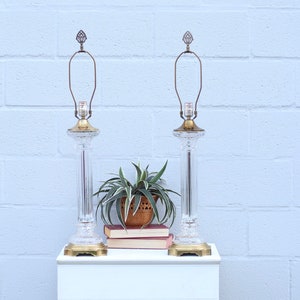 A Pair Of Vintage Brass And Glass Table Lamps / Hollywood Regency Crystal Cut Glass lamps /  Lighting / Vintage Home Decoration