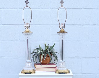A Pair Of Vintage Brass And Glass Table Lamps / Hollywood Regency Crystal Cut Glass lamps /  Lighting / Vintage Home Decoration