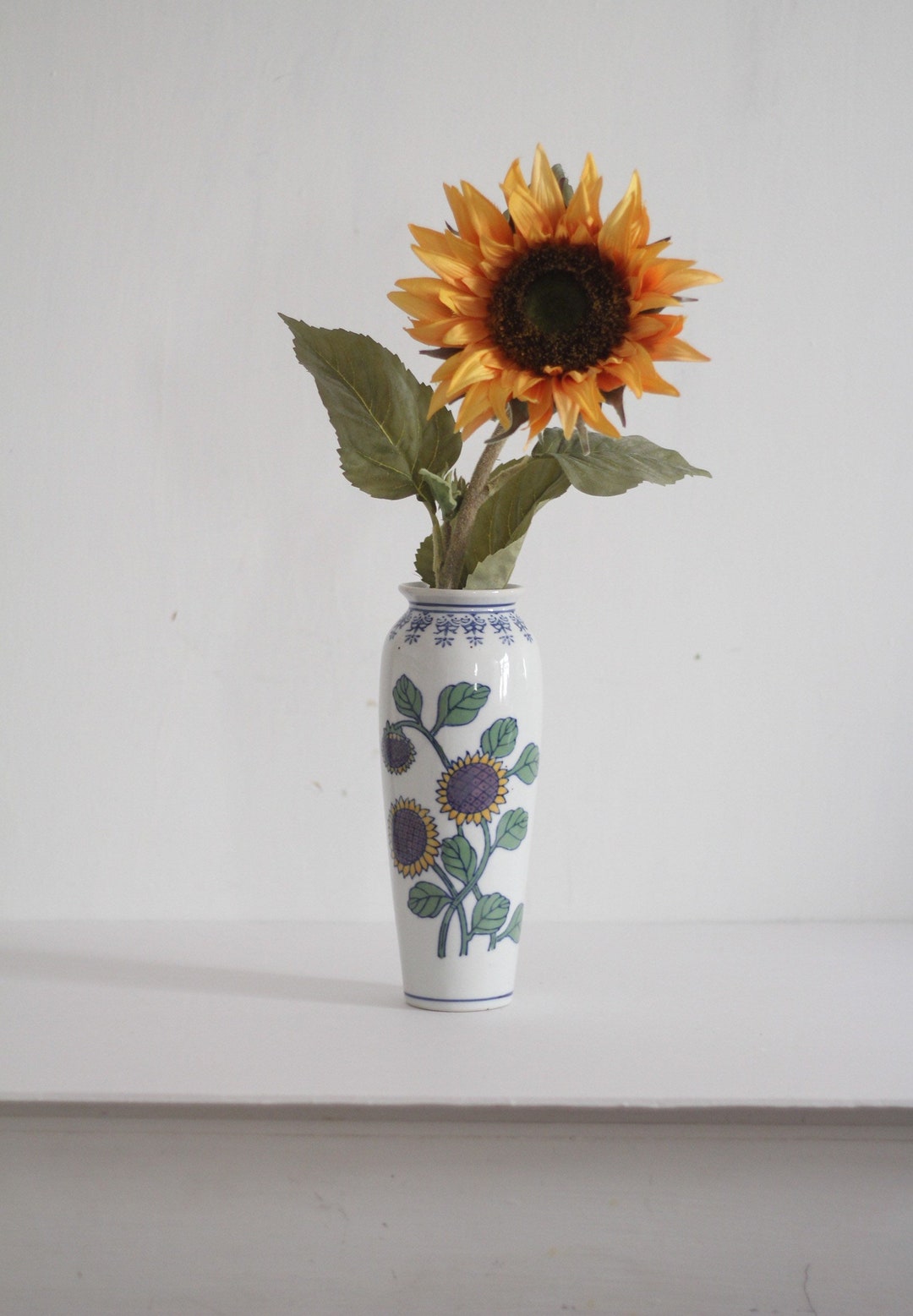 Vintage Chinese Porcelain Vase / Sunflower Vase / White and Blue ...