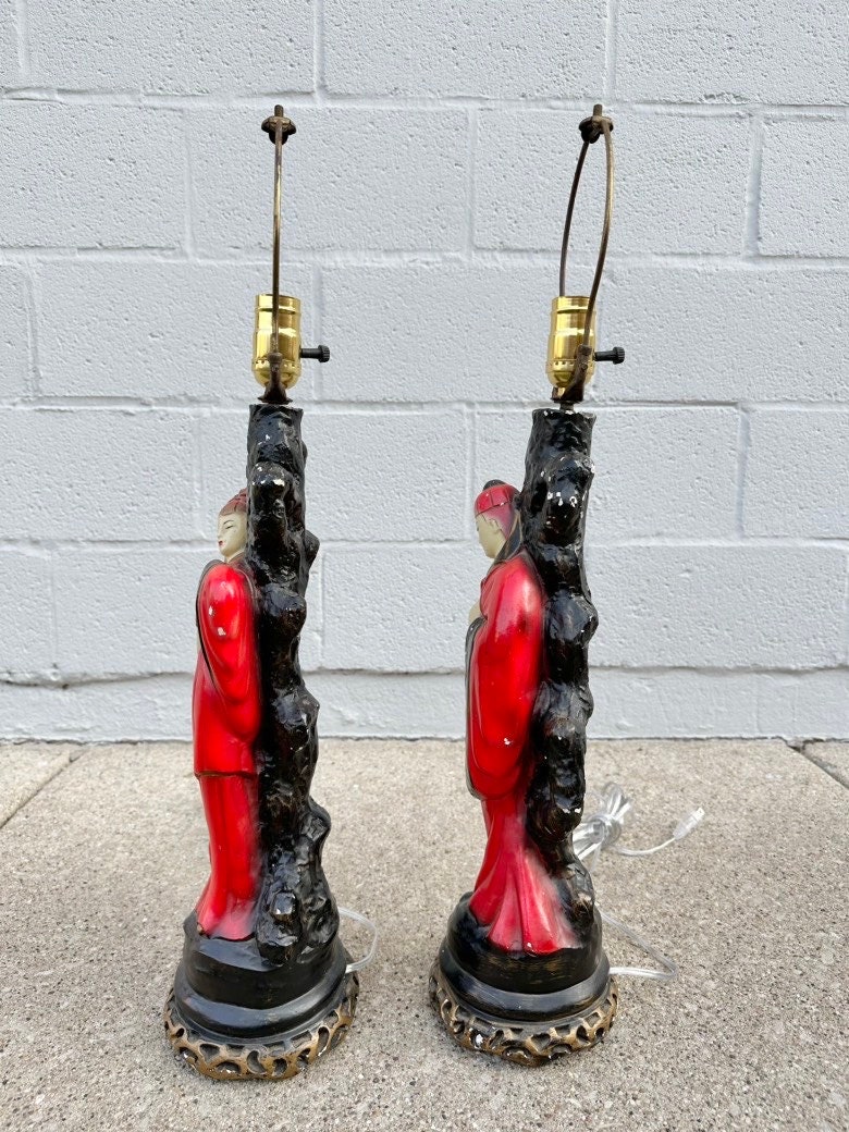 Pair of Chalkware Asian Figurine Lamps / Vintage Home Decoration