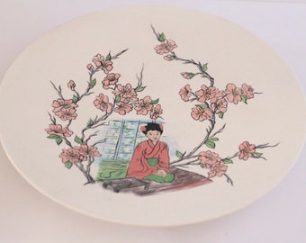 Large Vintages 1962 Japanese Cherry Blossom Ceramic Platter Hand Painted / Vintage Home Decoration