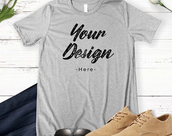 Download Heather Grey T Shirt Mockup Bella Canvas Heather Grey Tee Mens T Shirt Flat Lay Clothes Mockup Styled Stock Photo T Shirt Stock Photo Download Mockups Psd