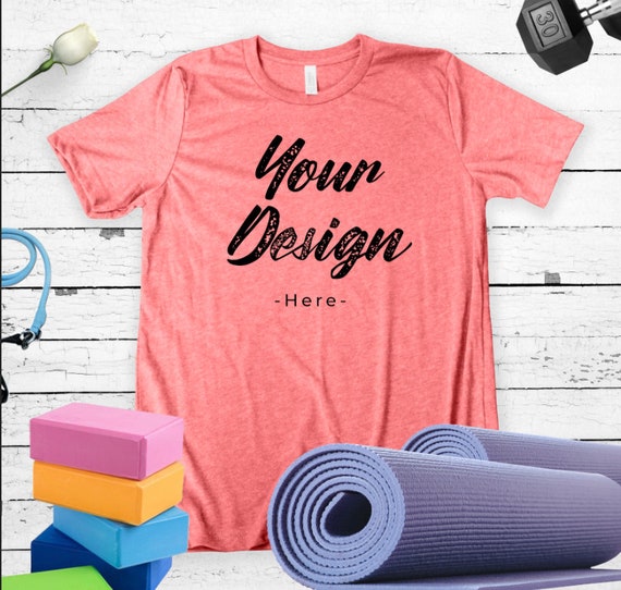 Download Yoga Workout T Shirt Mockup Bella Canvas Coral Pink Tee New Packaging Mockups Free Psd Templates PSD Mockup Templates