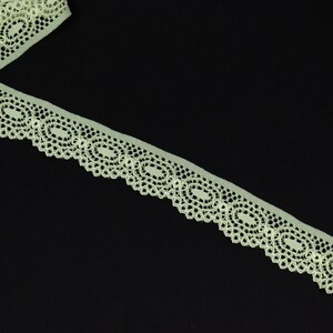 May include: A length of pale green lace ribbon with an oval and dot pattern. The ribbon is on a black background. The lace has a scalloped edge and is slightly translucent, revealing the dark surface beneath. Ideal for sewing and craft projects.