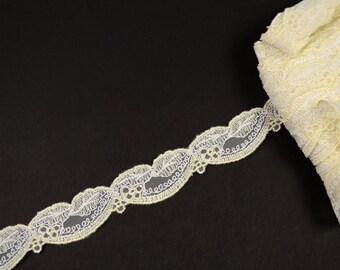 May include: A close-up of a delicate, off-white lace trim with a scalloped edge. The lace features a floral design with small, white beads.