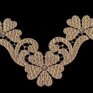 May include: A beige lace trim with a scalloped edge and a floral design. The lace is delicate and intricate, with a repeating pattern of flowers and leaves.