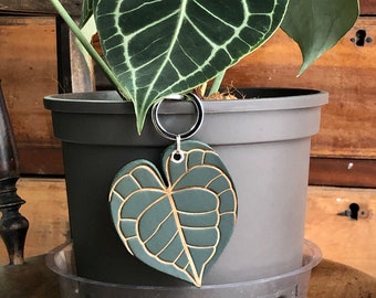 Leather key chain, Leather key holder, Anniversary gift (Custom Name) - Plant Leaf Clarinervium ( Custom Letter )