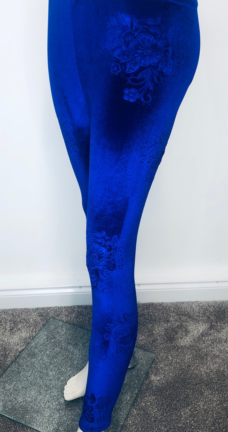 Royal Blue Velour Velvet Leggings , Embossed Flowered Velvet Leggings