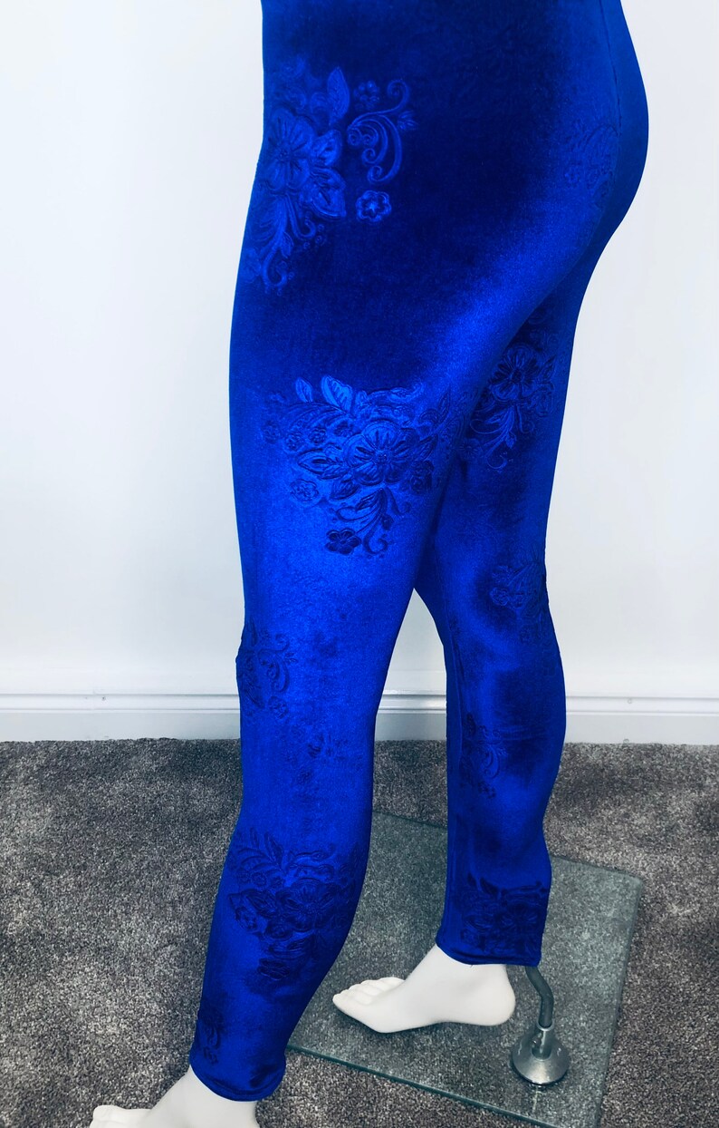 Royal Blue Velour Velvet Leggings , Embossed Flowered Velvet Leggings