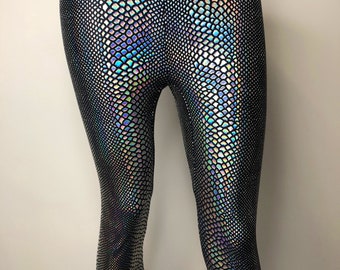 Silber schwarze Schlangenprint holographische Leggings
