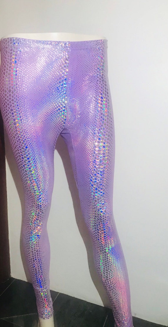 Holographic Leggings, Lilac Snake Print Leggings Pink Snake Print