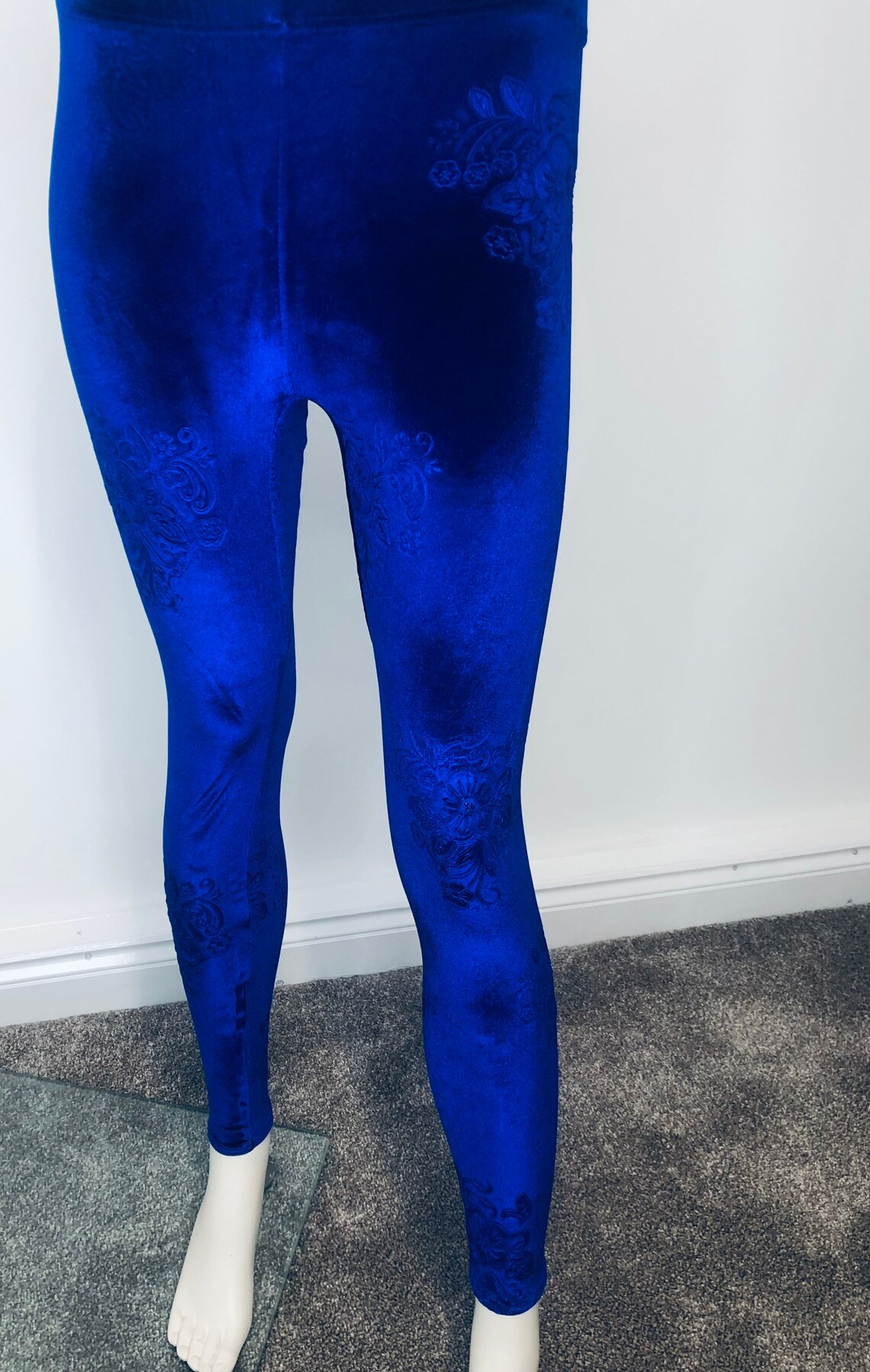 Royal Blue Velour Velvet Leggings Embossed Flowered Velvet Etsy
