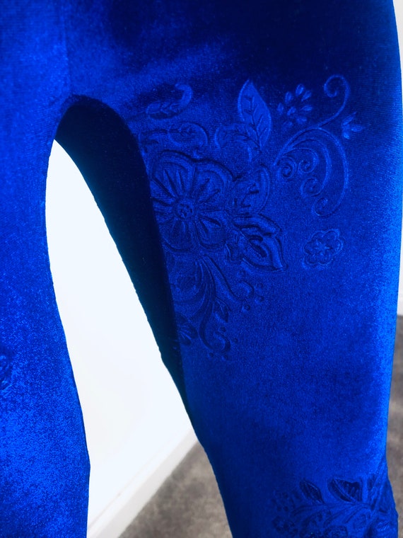 Royal Blue Velour Velvet Leggings , Embossed Flowered Velvet