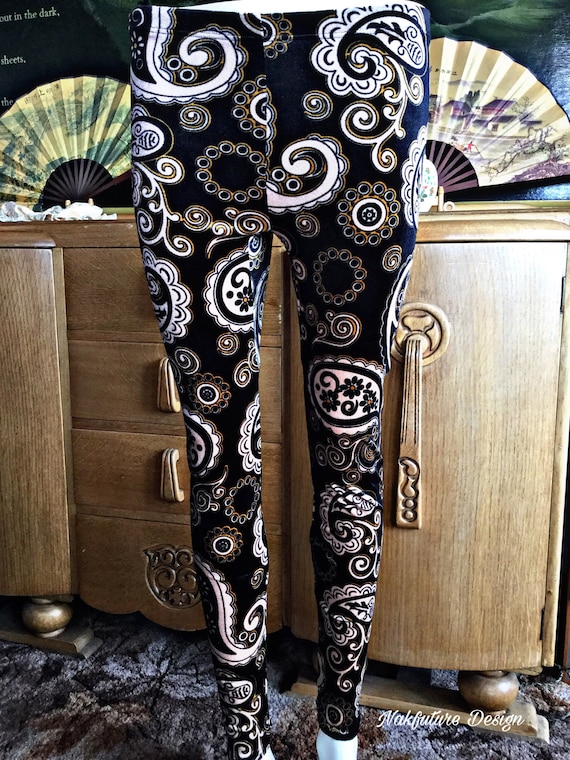 Black Gold and Cream Paisley Patterned Leggings 