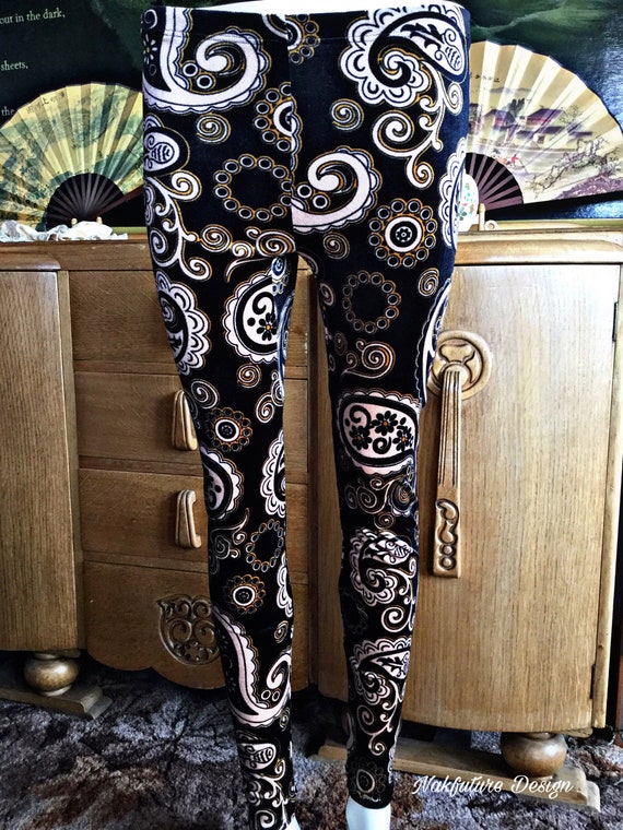 Black Gold and Cream Paisley Patterned Leggings 