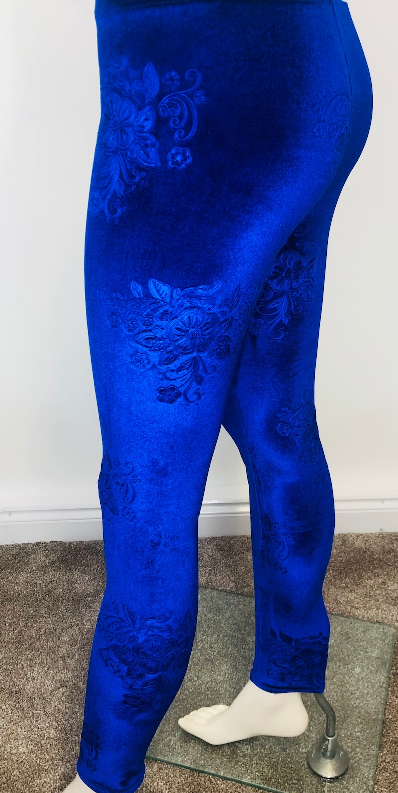 Royal Blue Velour Velvet Leggings , Embossed Flowered Velvet Leggings