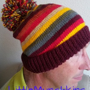 Dr Who Inspired Knit Beanie – Striped Pom Pom Hat, Adult Size