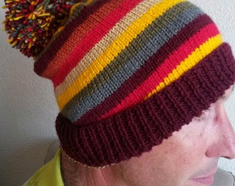 Dr Who Inspiriert Strickmütze - Gestreifte Pom Pom Mütze, Erwachsenengröße