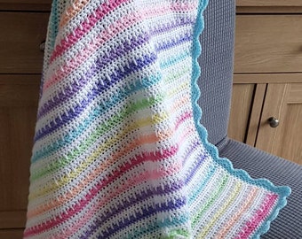 Rainbow Crochet Baby Blanket or afghan in pastel rainbow colours, comfort blanket, lap blanket, pram blanket.